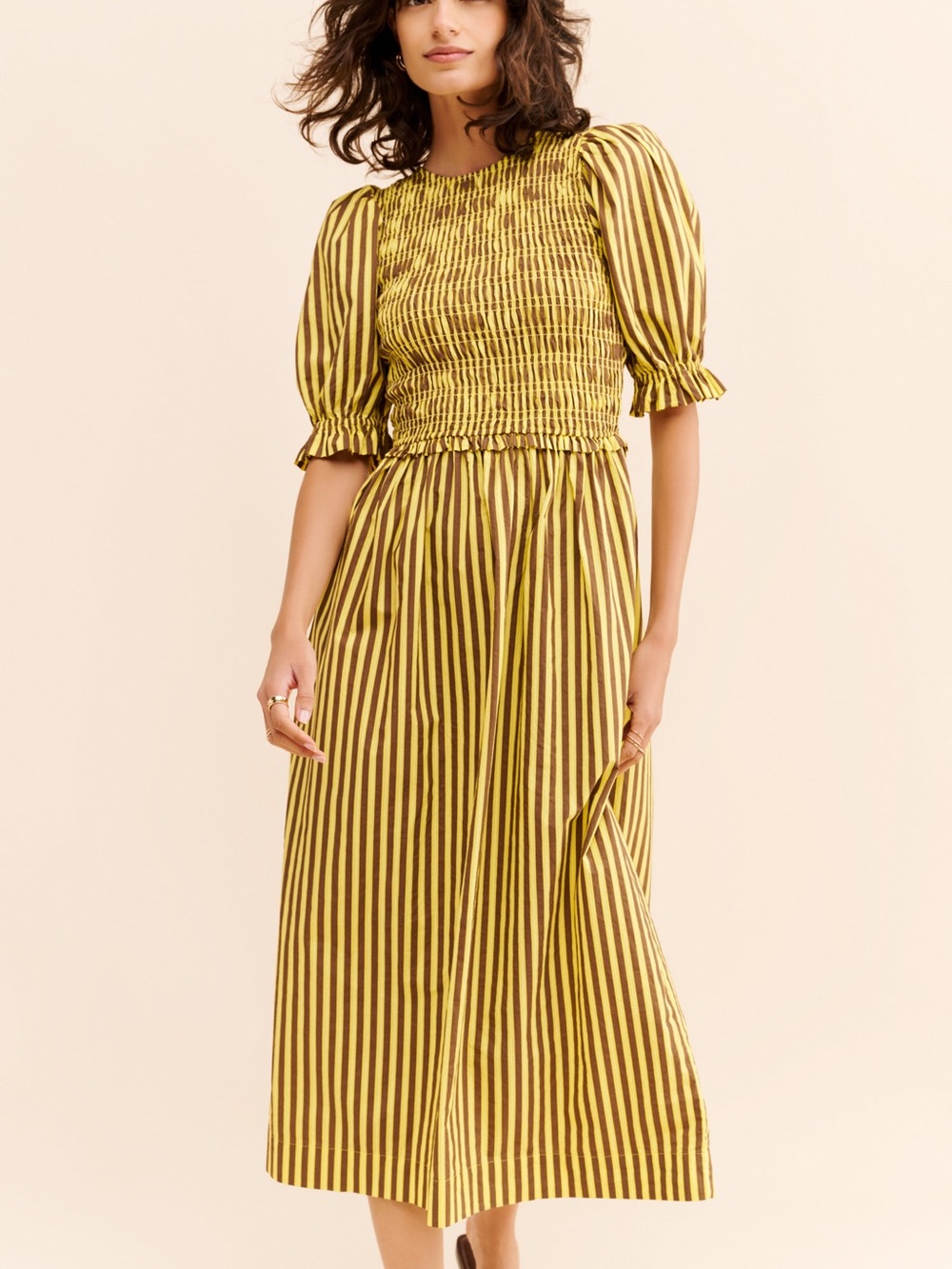 Damson Madder Bluebelle Reversible Smocked Stripe Midi Dress Yellow Brown - Picture 4 of 5
